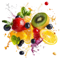 Colorful splash of multivitamins from fresh fruits creating an eyecatching display on a transparent background, multi vitamin fruit splash isolated on transparent background png