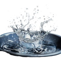 Water splash captured in a silver bowl creating dynamic droplets during a tranquil setting, Water splash png