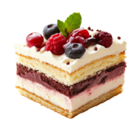 Delicious cub cake topped with fresh berries and mint, presented against a bright transparent background for an enticing dessert view, Cub cake, isolated on transparent background png