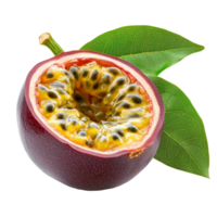 Fresh half passion fruit with vibrant pulp and green leaf on a clean transparent background, half passion fruit with leaf isolated on transparent background png