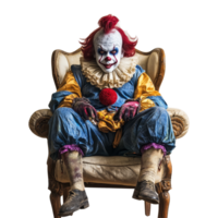 Scary clown sitting on a vintage chair against a transparent background, evoking a sense of unease and dread, Scary Clown Sitting on Chair Isolated on transparent background png