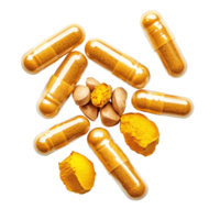 Turmeric powder and capsules arranged on a clean transparent background for health and wellness enhancement, turmeric and capsules on transparent background png