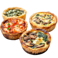 Delicious quiches featuring classic Lorraine, mushroom, spinach, and feta varieties served on a transparent background, Quiches Classic Lorraine, Mushroom, Spinach Feta, and Salmon on transparent png