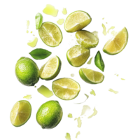 Fresh green limes and lime slices scattered on a clean transparent background with citrus juice splatters, green lime lemons isolated on transparent background png
