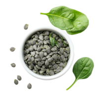 Fresh instant spinach seeds in a transparent bowl ready for planting on a bright background, Instant spinach seeds in transparent bowl on transparent background png