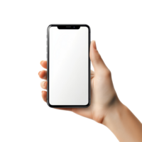 A hand holding a smartphone with a blank screen against a transparent background in a clean environment, Hand using mobile phone display, smartphone screen mockup, cellphone isolated on transparent png