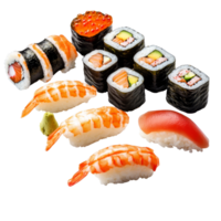 Delicious assortment of fresh sushi rolls and nigiri thoughtfully arranged on a transparent background, Fresh tasty sushi on a transparent background png