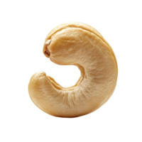 A closeup view of a raw cashew nut showcasing its unique shape and texture against a clean transparent background, cashew nut on transparent background png