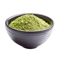 Powdered matcha green tea in a traditional bowl on a plain transparent background, powdered matcha green tea in bowl isolated on transparent background png