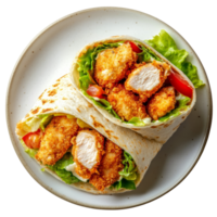Crispy chicken wrap filled with lettuce and tomatoes served on a plate against a transparent background, perfect for a tasty lunch or snack, Crispy Chicken Wrap on Plate transparent background png