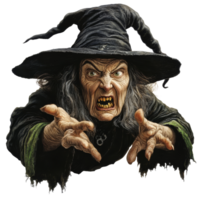 A frightened witch reaching out with a menacing expression against a stark transparent background, Scared Witch on transparent background png