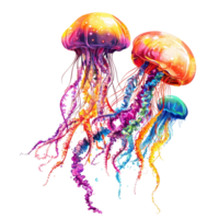 Colorful jellyfish glide on a bright transparent background, displaying vibrant hues and delicate tentacles in this captivating scene, Colorful Jellyfish on transparent background png