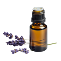 Lavender essential oil bottle with fresh lavender sprigs isolated on transparent background, Bottle of essential oil isolated on transparent background png