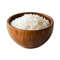 Freshly cooked rice presented in a handcrafted wooden bowl against a clean transparent background, Rice in wood bowl on transparent background png