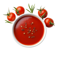 Fresh tomato sauce in a transparent bowl with ripe tomatoes and herbs on a pristine transparent background, tomato sauce isolated on transparent background png