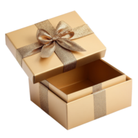 Elegant gold open gift box with ribbon displaying thoughtful gifting options for any celebration, Gold open gift box with ribbon isolated png