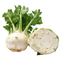 Fresh celeriac with green leaves beside a crosssection revealing its creamy transparent interior on a transparent background, Celeriac transparent background png