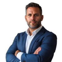 Confident businessman posing in a professional suit with arms crossed against a plain background, file no background Confident corporate businessman posing with arms crossed png