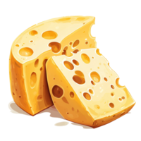 Illustration of yellow cheese wedge and slice on a transparent background showcasing texture and detail, illustration of cheese isolated on transparent background png