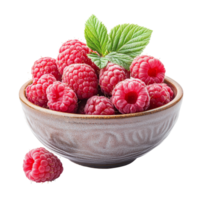 Fresh raspberries in a rustic bowl isolated against a clean transparent background showcasing vibrant colors and textures, Fresh Raspberries in a Bowl Isolated on transparent background png