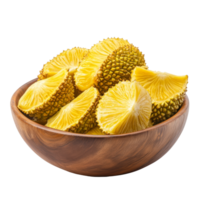 Fresh jackfruit slices arranged beautifully in a wooden bowl, perfect for healthy snacking on a bright background, Jackfruit in wood bowl isolated on transparent background png