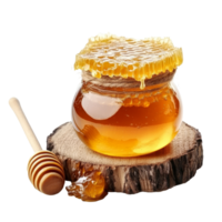 Sweet golden honey in a jar with a honey dipper on a wooden slice isolated on a transparent background, Sweet honey isolated on transparent background png
