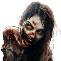 A terrifying female zombie with glowing eyes and decayed features poses against a stark transparent background, Terrifying Female Zombie on transparent background png