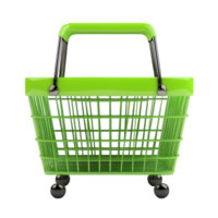 Green shopping basket isolated on a light background showcasing modern design and functionality, 3D rendering of a green shopping basket, isolated on transparent background png