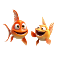 Two animated fish characters leap in the air, displaying cheerful expressions, Funny 3D Cartoon Fish Characters on transparent background png