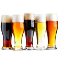 A selection of various beers displayed in clear glasses on a transparent background for tasting or enjoyment, Multiple beers isolated on transparent background png