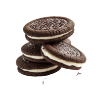 Delicious chocolate cookies with cream filling stacked on a clean transparent background enticing sweet lovers in the afternoon light, cookies chocolate with cream filling between on transparent png