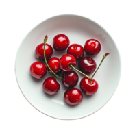 Fresh cherries harvested and arranged in a simple transparent plate against a clean transparent background, Cherry in a plate isolated on transparent background png
