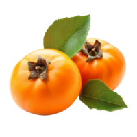 Half ripe persimmons with fresh green leaves isolated against a clean transparent background, half ripe persimmons with leaf isolated on transparent background png