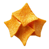 Top view of fresh nacho chips stacked on a transparent background, perfect for snacking or party platters, nacho chip top view isolated on transparent backgroud png
