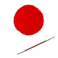 Artistic representation of a bold red circle on a blank sheet, accompanied by a brush for creative expression, empty red on transparent background png
