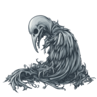 A mysterious figure with a raveninspired design sitting on a textured surface in a dark and eerie style, lcd monitor isolated on transparent tranparent background png