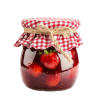 Homemade strawberry jam in a jar with a gingham cloth cover and fresh strawberries inside, Jar of Homemade Strawberry Jam with Gingham Cloth Cover on transparent background png
