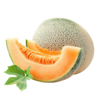 Fresh cantaloupe melon with green leaf cut open on transparent background for culinary presentations, cantaloupe melon with leaf isolated on transparent background png