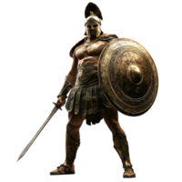 An ancient Greek warrior stands boldly with sword and shield against a transparent backdrop, ancient greek warrior man sword and shield isolated on transparent background png