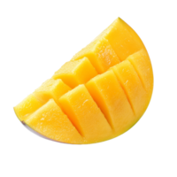Fresh and juicy mango slice placed on a clean transparent background showcasing its vibrant yellow color, mango slice isolated on transparent background png