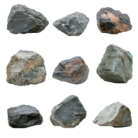 A collection of unique boulders displayed in a minimalistic arrangement showcasing natural textures and colors, big boulder rock isolated on transparent background png