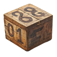 A weathered wooden box displaying numbers 0, 1, 6, and 9 against a clean transparent background, wooden box with numbers on transparent backgroundfile png