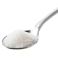 Granulated sugar heaped in a stainless steel spoon on a clean transparent background for culinary uses, sugar in spoon isolated on transparent background png