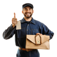 Mailman smiling and giving a thumbs up while holding a mailbag on a transparent background, Mailman isolated on transparent background png