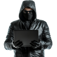 A hacker works intently on a laptop wearing a black hoodie and gloves against a plain transparent background, Hacker with Laptop on transparent background png