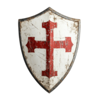 Vintage transparent shield with a red cross on display against a transparent background, showcasing historical symbolism, vintage transparent shield with red cross isolated on transparent background png