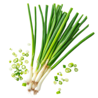 Freshly sliced green onions on a clean transparent background ready for culinary use in various dishes, Slice green onions on transparent background png