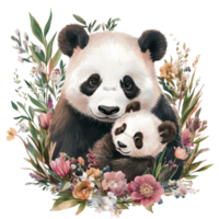 Mother panda lovingly embraces her cub surrounded by colorful floral decoration in a serene habitat, Mother Panda with Cub and Floral Decoration, illustrastion for mother days on transparent png
