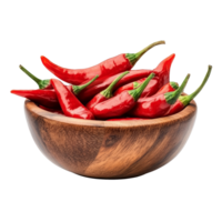 Freshly sliced red chili peppers in a wooden bowl on a bright transparent background, Slice red chili in wood bowl isolated on transparent background png
