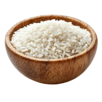 Bowl of transparent rice grains isolated on a transparent background, showcasing natural texture and simplicity in culinary setting, Rice grains in wood bowl isolated on transparent background png